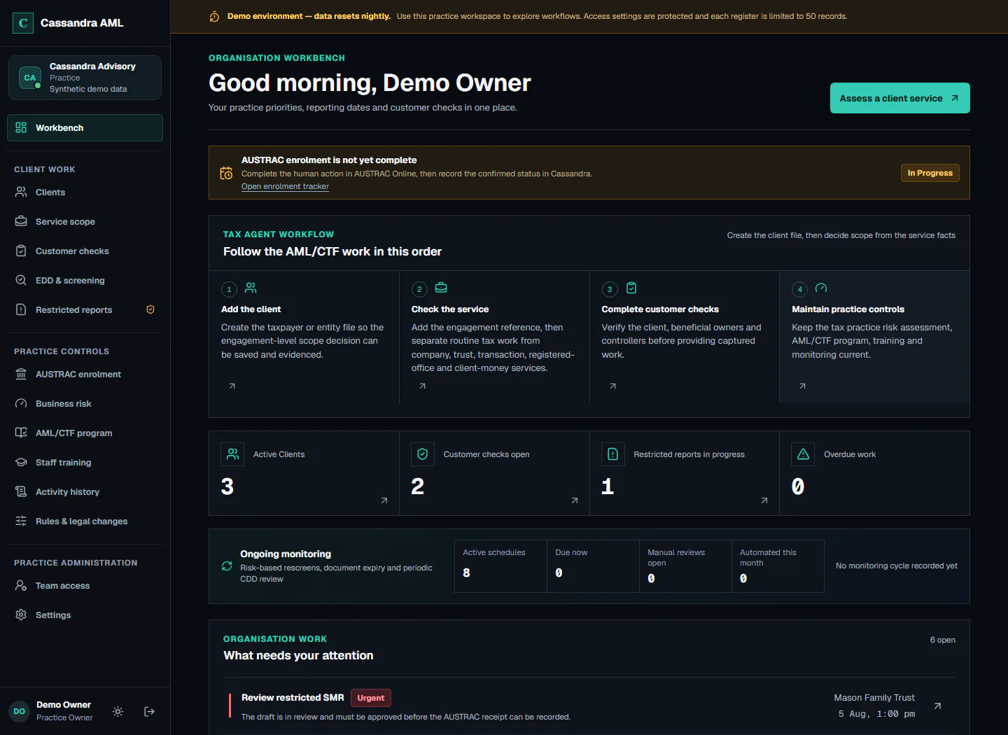 Authenticated Cassandra AML demo workbench showing the demo-data banner, profession workflow, customer-check counts, monitoring and prioritised compliance work